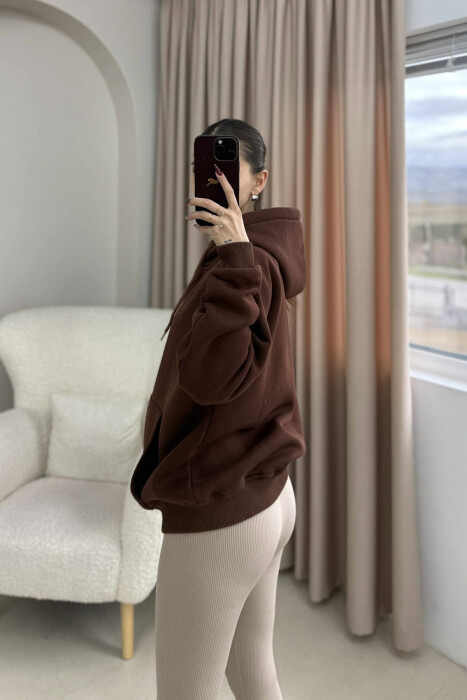 ONE COLOR HOOD FLUFFY WOMEN JACKET BROWN/KAFE - 3
