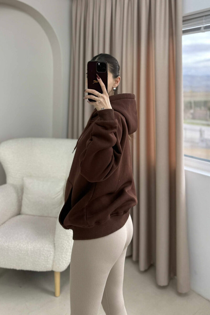 ONE COLOR HOOD FLUFFY WOMEN JACKET BROWN/KAFE - 3