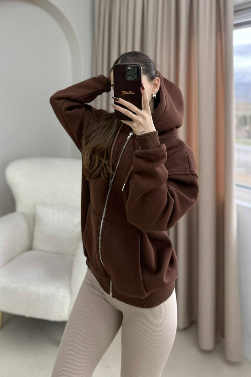 ONE COLOR HOOD FLUFFY WOMEN JACKET BROWN/KAFE - 4
