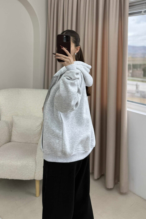 ONE COLOR HOOD FLUFFY WOMEN JACKET LIGHT GREY/GZ - 3