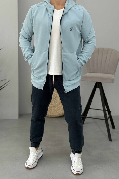 ONE COLOR HOOD ZIPPER MEN COTTON JACKET LIGHTBLUE/BZ - KLAUDIO FASHION
