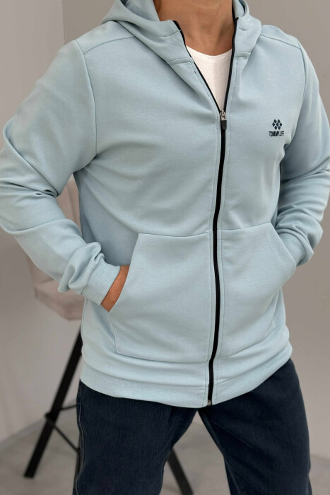 ONE COLOR HOOD ZIPPER MEN COTTON JACKET LIGHTBLUE/BZ - 2