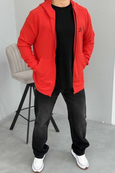 ONE COLOR HOOD ZIPPER MEN COTTON JACKET RED/E KUQE - KLAUDIO FASHION