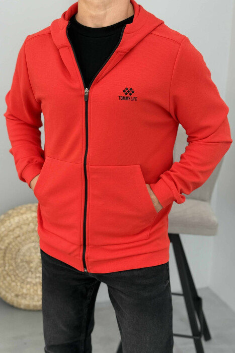 ONE COLOR HOOD ZIPPER MEN COTTON JACKET RED/E KUQE - 3
