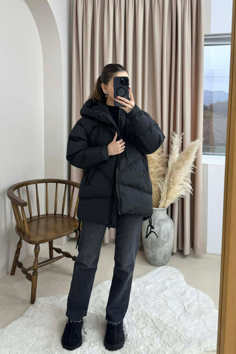 ONE COLOR HOODED LACE DETAIL PUFFER WOMAN JACKET BLACK/ E ZEZE - 1