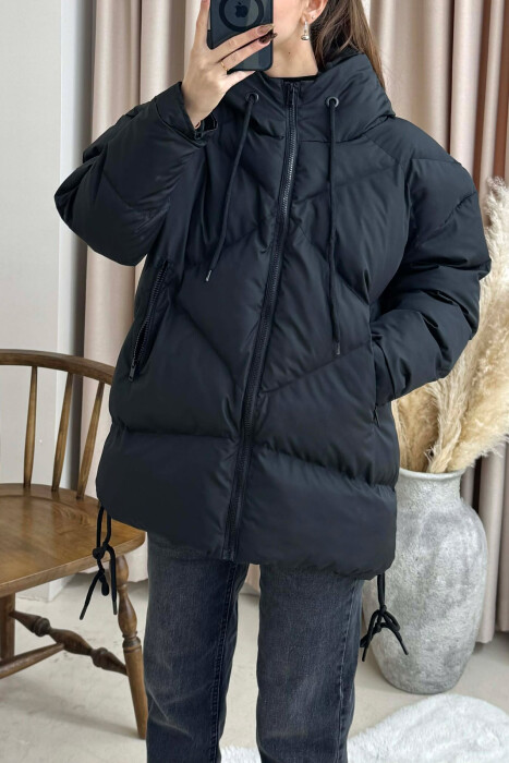 ONE COLOR HOODED LACE DETAIL PUFFER WOMAN JACKET BLACK/ E ZEZE - 2