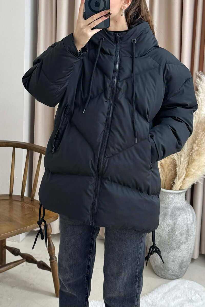 ONE COLOR HOODED LACE DETAIL PUFFER WOMAN JACKET BLACK/ E ZEZE - 2