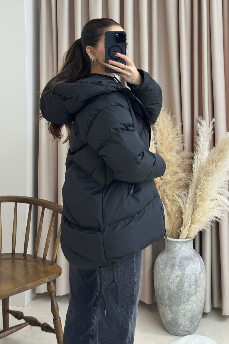 ONE COLOR HOODED LACE DETAIL PUFFER WOMAN JACKET BLACK/ E ZEZE - 3