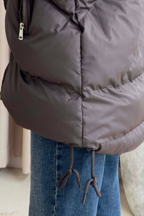 ONE COLOR HOODED LACE DETAIL PUFFER WOMAN JACKET DARK BROWN/KAE - 4