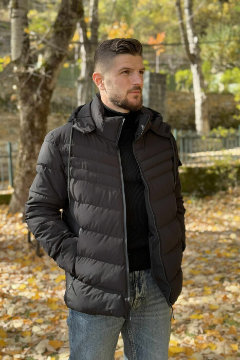 ONE COLOR HOODED MEN PUFFER JACKET BLACK/ E ZEZE - 6