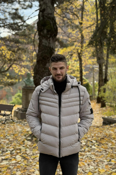 ONE COLOR HOODED MEN PUFFER JACKET LIGHT GREY/GZ - KLAUDIO FASHION