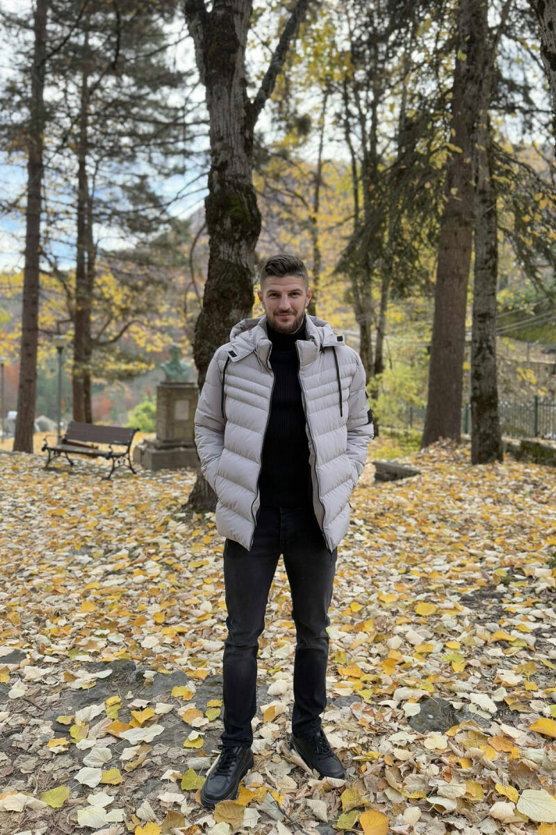 ONE COLOR HOODED MEN PUFFER JACKET LIGHT GREY/GZ - 4