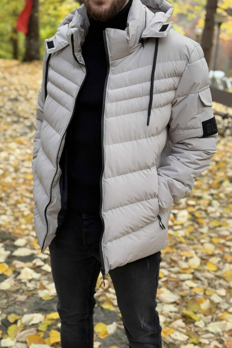 ONE COLOR HOODED MEN PUFFER JACKET LIGHT GREY/GZ - 5