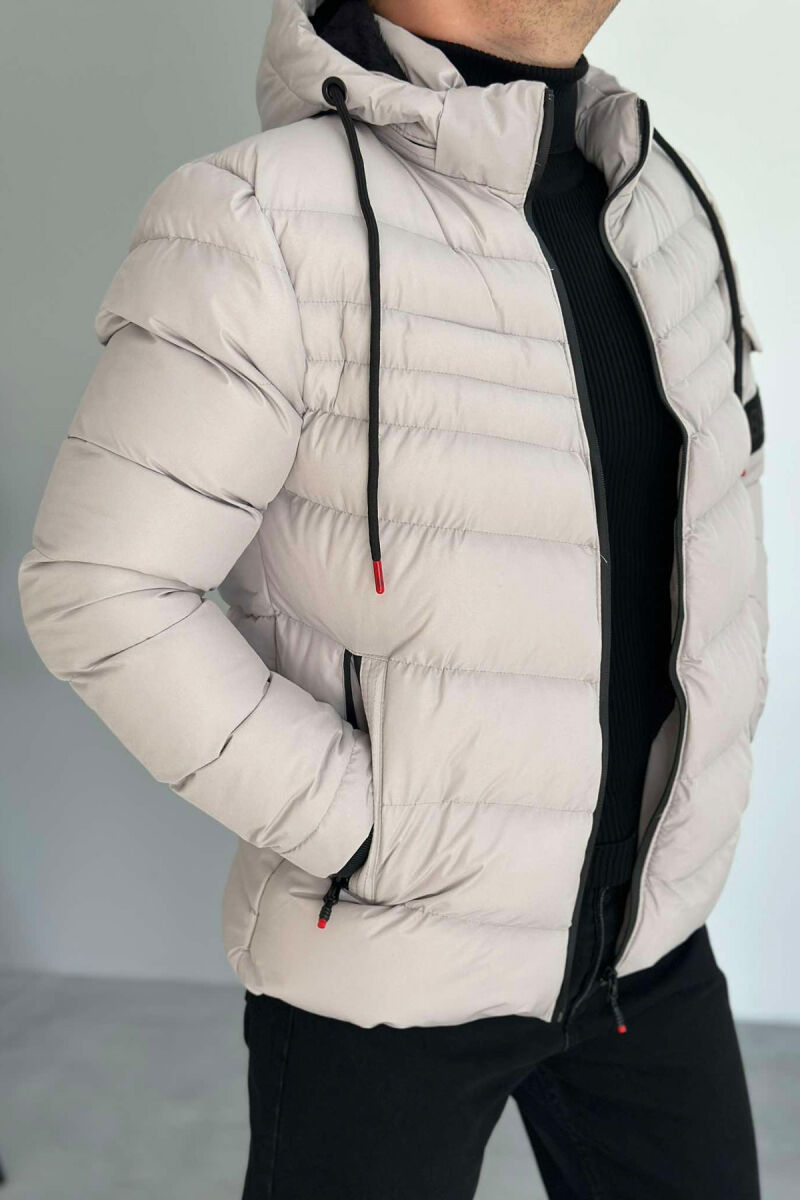 ONE COLOR HOODED MEN PUFFER JACKET LIGHT GREY/GZ - 5