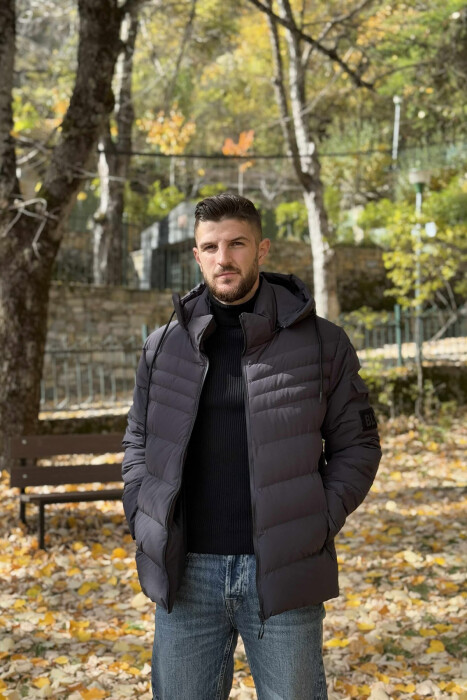 ONE COLOR HOODED MEN PUFFER JACKET DARK GREY/GEE - 2