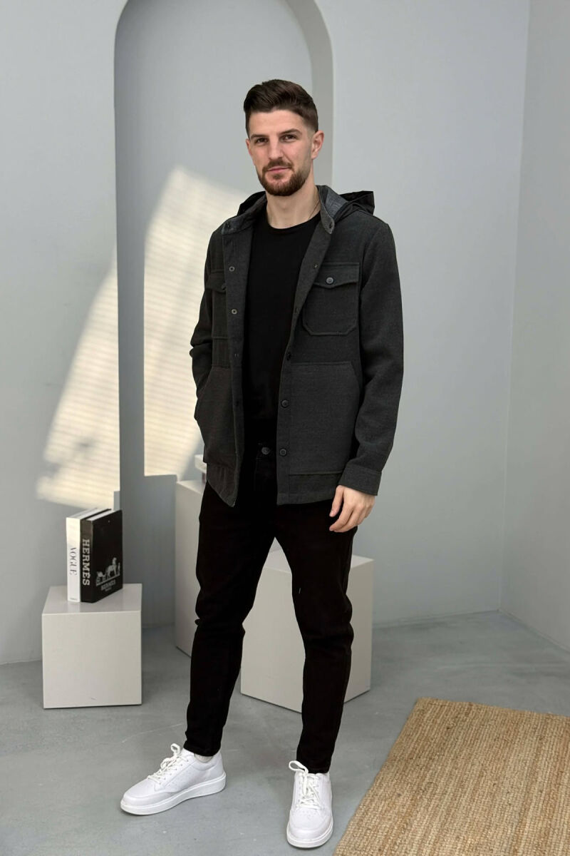 ONE COLOR HOODED POCKET DETAILS MEN JACKET DARK GREY/GEE - 2