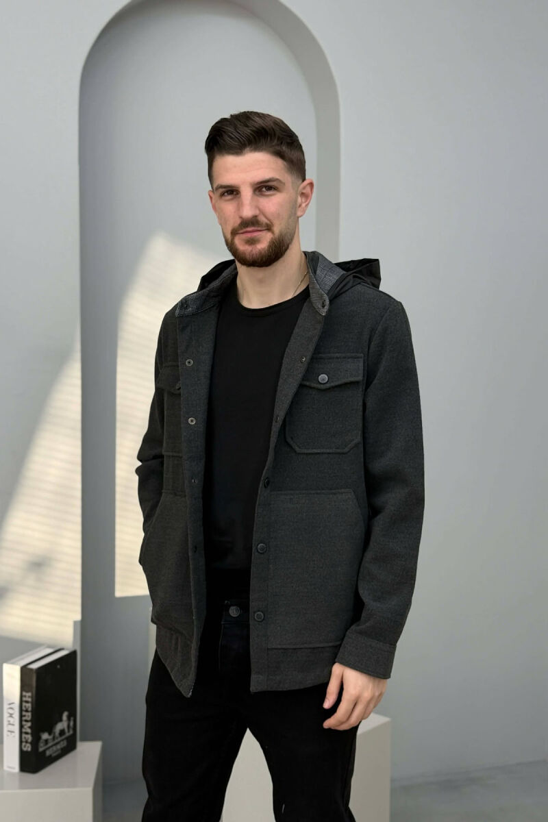 ONE COLOR HOODED POCKET DETAILS MEN JACKET DARK GREY/GEE - 3
