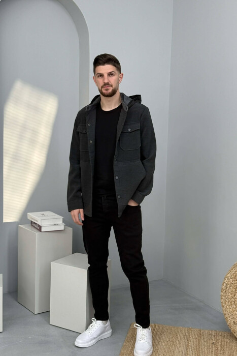 ONE COLOR HOODED POCKET DETAILS MEN JACKET DARK GREY/GEE - 4