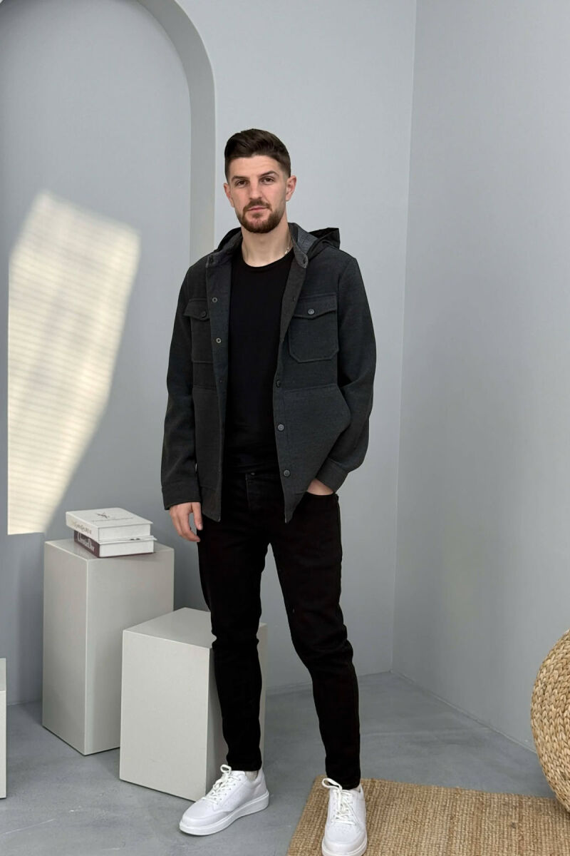 ONE COLOR HOODED POCKET DETAILS MEN JACKET DARK GREY/GEE - 4