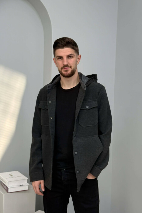 ONE COLOR HOODED POCKET DETAILS MEN JACKET DARK GREY/GEE - 5