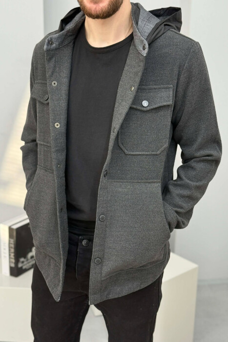 ONE COLOR HOODED POCKET DETAILS MEN JACKET DARK GREY/GEE - 1