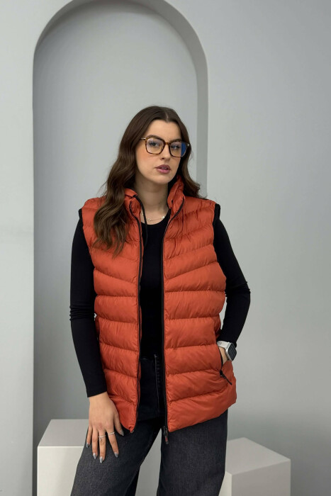 ONE COLOR HOODED SIMPLE WOMEN VEST BRICK/TULLE - 1