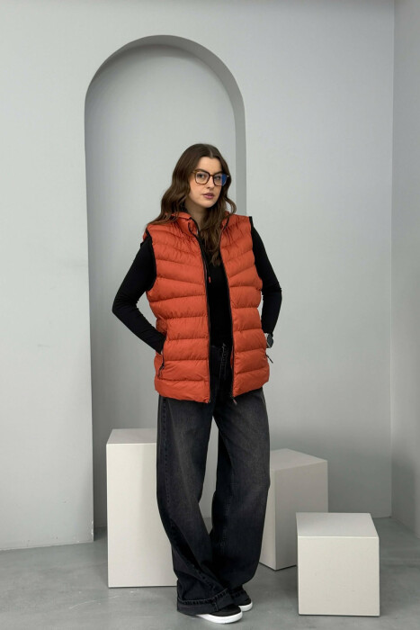 ONE COLOR HOODED SIMPLE WOMEN VEST BRICK/TULLE - 2