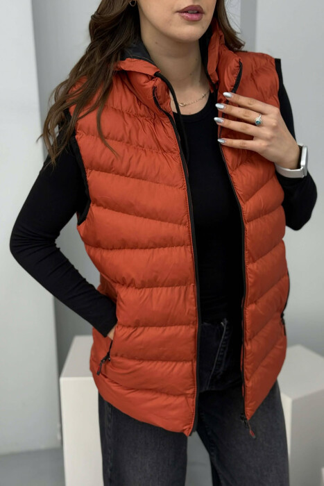 ONE COLOR HOODED SIMPLE WOMEN VEST BRICK/TULLE - 3