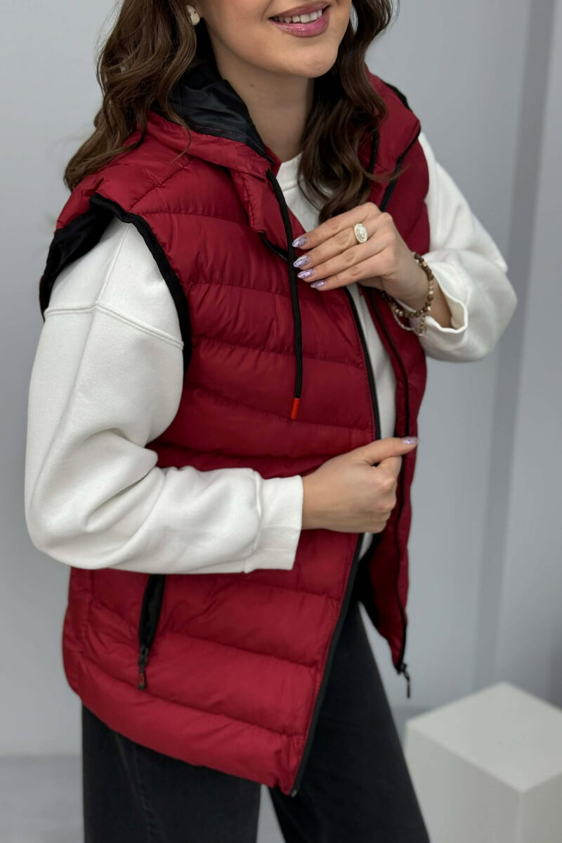 ONE COLOR HOODED SIMPLE WOMEN VEST BURGUNDY/VISHNJE - 4
