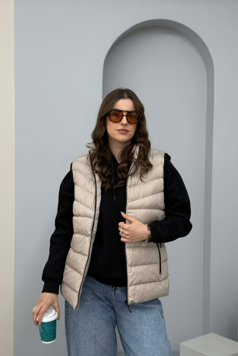 ONE COLOR HOODED SIMPLE WOMEN VEST GREY-GREY/GG - 1