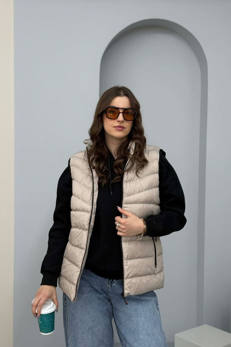 ONE COLOR HOODED SIMPLE WOMEN VEST GREY-GREY/GG - 1