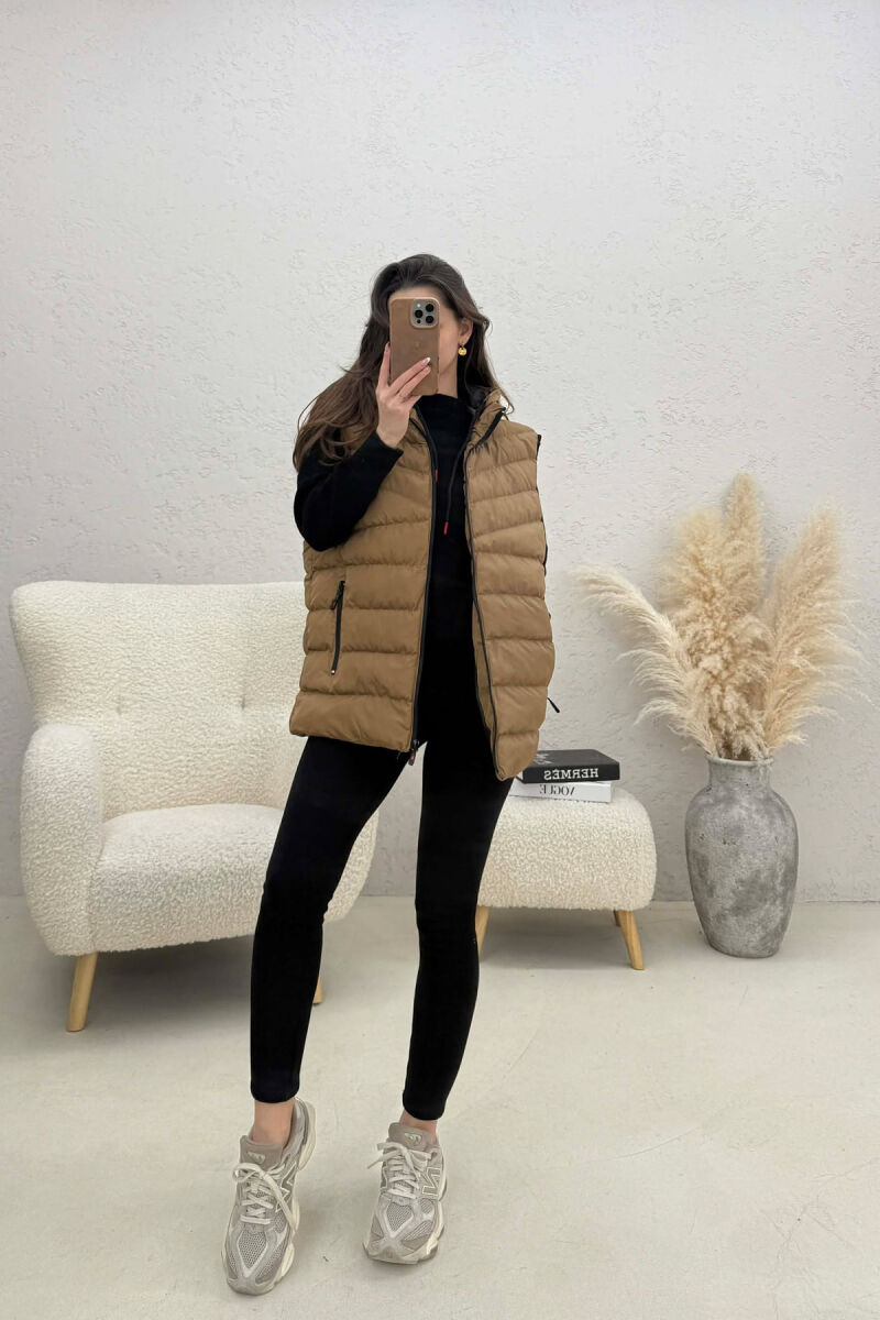 ONE COLOR HOODED SIMPLE WOMEN VEST LIGHT BROWN/KAZB - 1