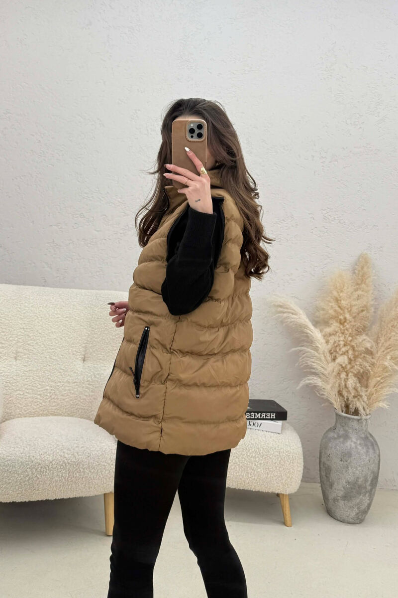 ONE COLOR HOODED SIMPLE WOMEN VEST LIGHT BROWN/KAZB - 2