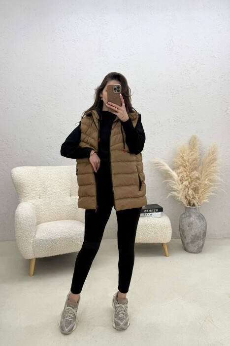 ONE COLOR HOODED SIMPLE WOMEN VEST LIGHT BROWN/KAZB - 3