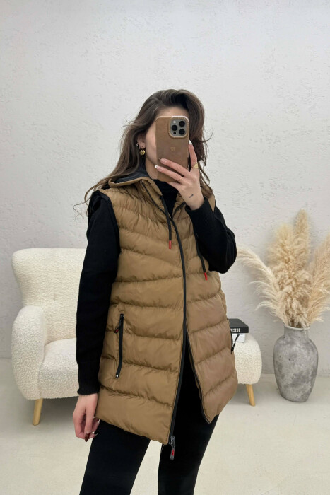ONE COLOR HOODED SIMPLE WOMEN VEST LIGHT BROWN/KAZB - 4