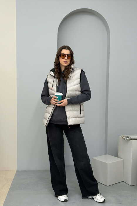 ONE COLOR HOODED SIMPLE WOMEN VEST LIGHT GREY/GZ - 1