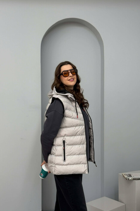 ONE COLOR HOODED SIMPLE WOMEN VEST LIGHT GREY/GZ - 3