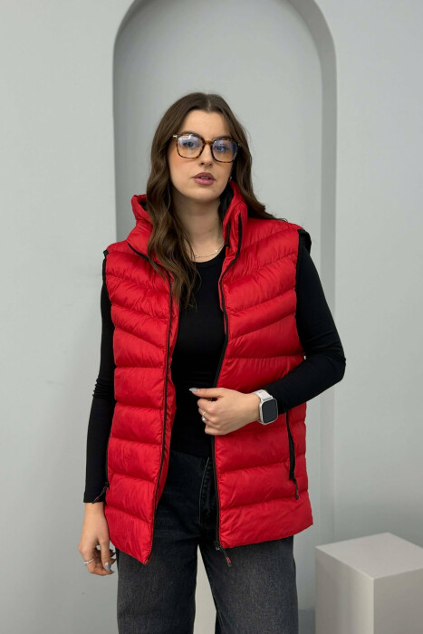 ONE COLOR HOODED SIMPLE WOMEN VEST RED/E KUQE 