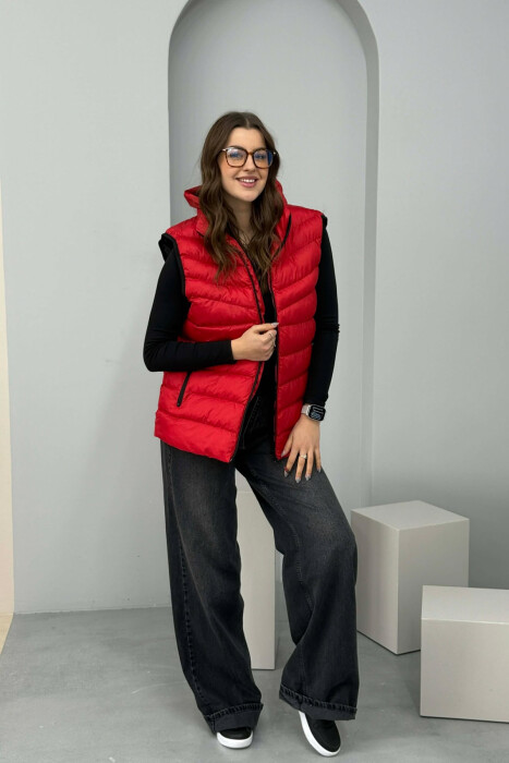 ONE COLOR HOODED SIMPLE WOMEN VEST RED/E KUQE - 3