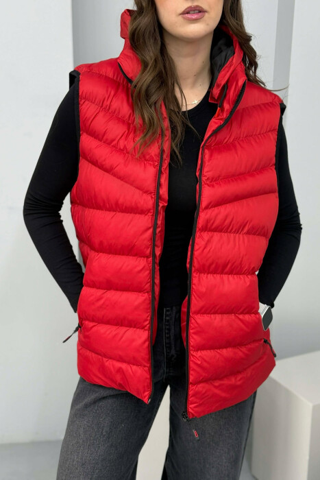 ONE COLOR HOODED SIMPLE WOMEN VEST RED/E KUQE - 4