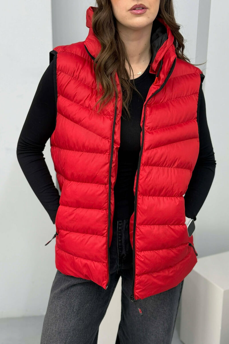 ONE COLOR HOODED SIMPLE WOMEN VEST RED/E KUQE - 4