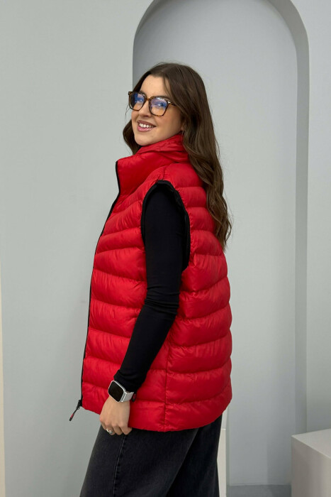 ONE COLOR HOODED SIMPLE WOMEN VEST RED/E KUQE - 5