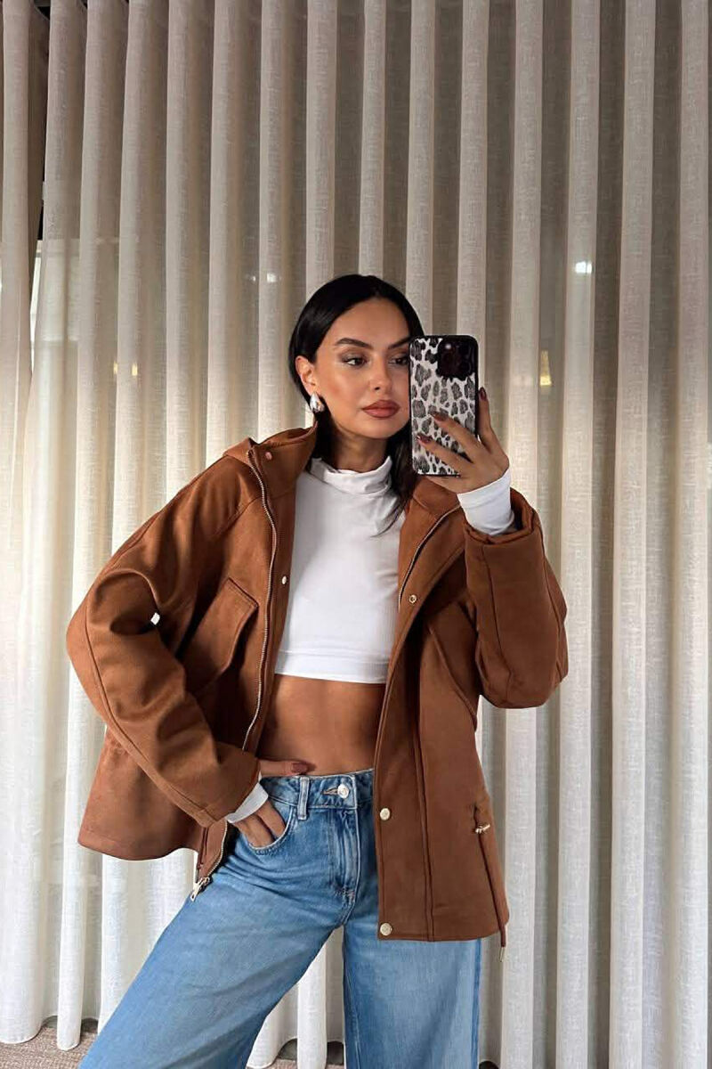 ONE COLOR HOODED WOMEN JACKET BROWN/KAFE - 2