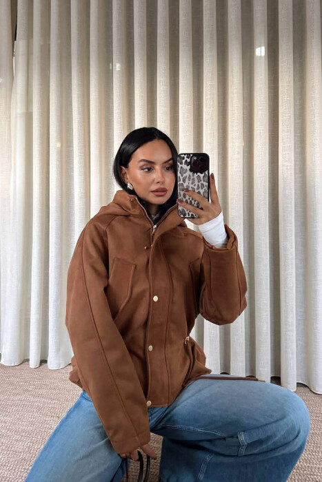 ONE COLOR HOODED WOMEN JACKET BROWN/KAFE - 3