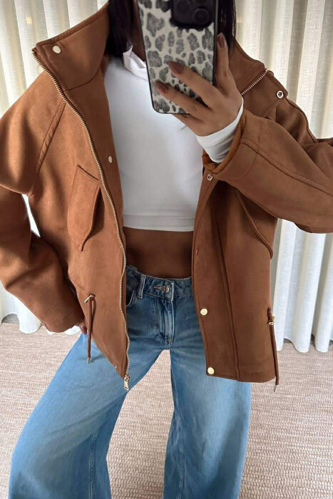 ONE COLOR HOODED WOMEN JACKET BROWN/KAFE - 4