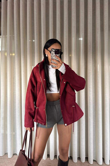 ONE COLOR HOODED WOMEN JACKET BURGUNDY/VISHNJE - KLAUDIO FASHION
