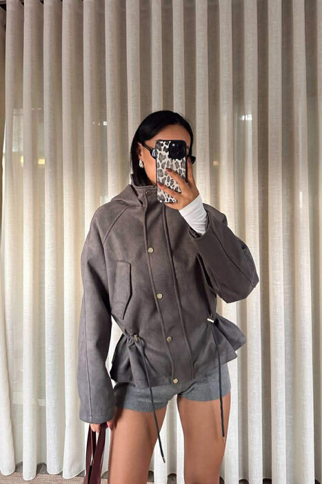ONE COLOR HOODED WOMEN JACKET GREY/GRI - KLAUDIO FASHION