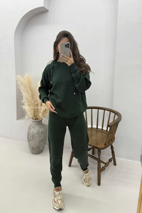 ONE COLOR HOODED WOMEN KNIT SET DARK GREEN/JEE 