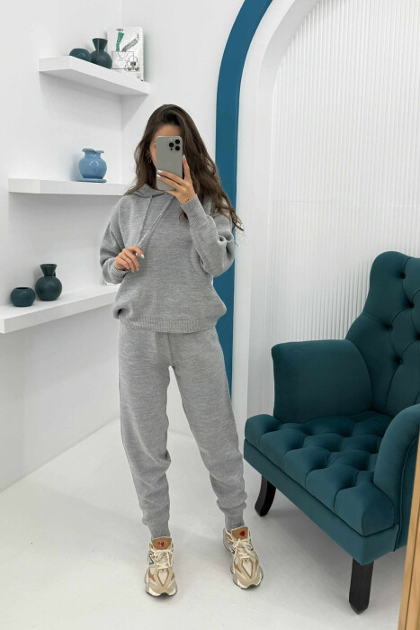 ONE COLOR HOODED WOMEN KNIT SET GREY/GRI - 1