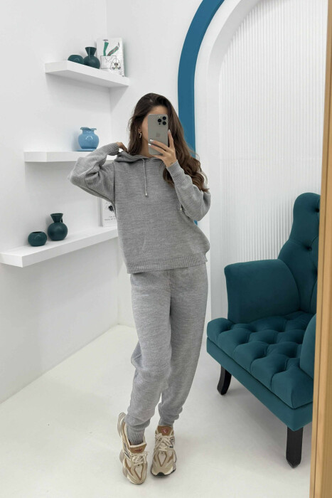 ONE COLOR HOODED WOMEN KNIT SET GREY/GRI - 2